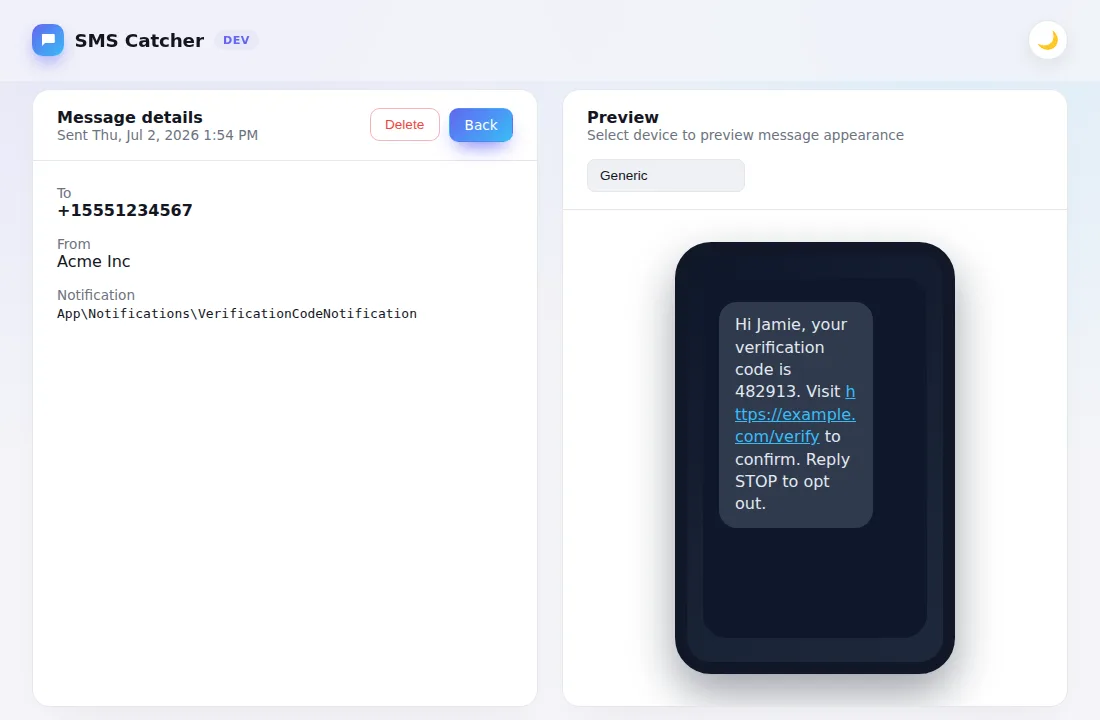 Laravel SMS Catcher: لوحة تحكم محلية لإشعارات الرسائل النصية القصيرة