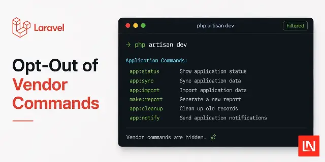 استبعاد أوامر البائع والأوامر الافتراضية في "php artisan dev"
